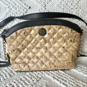 Anne Klein Crossbody Purse Handbag Beige Gold Black Trim Classic Curves Quilted